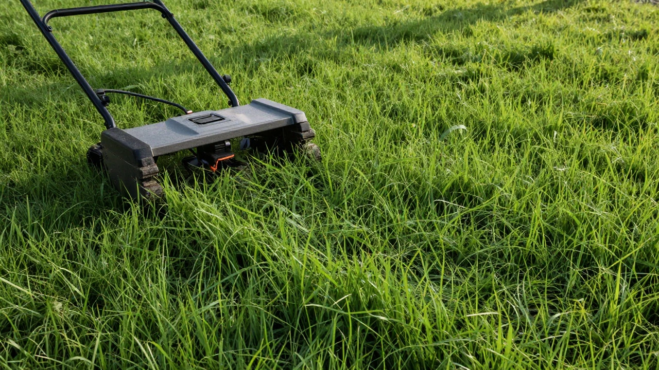 Push mower cutting thick green grass on a sunny day