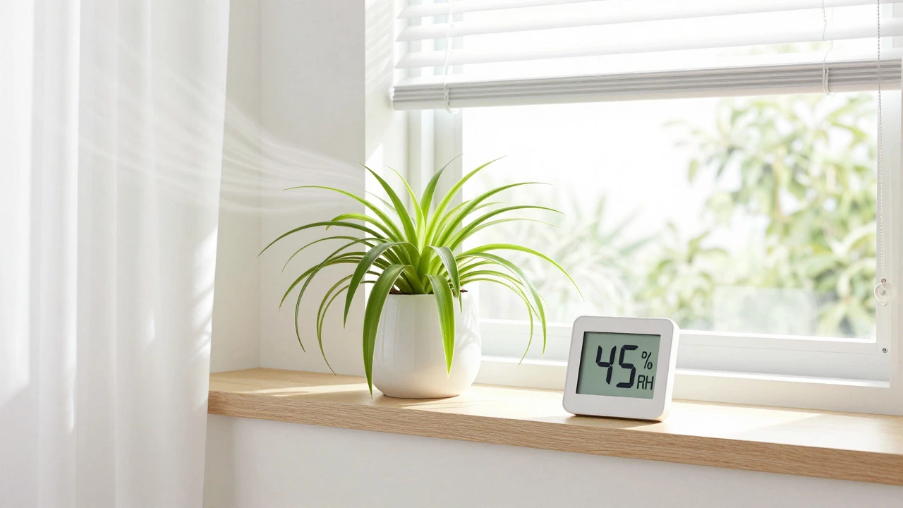 Spider plant and hygrometer in a bright, ventilated living room showing low humidity.