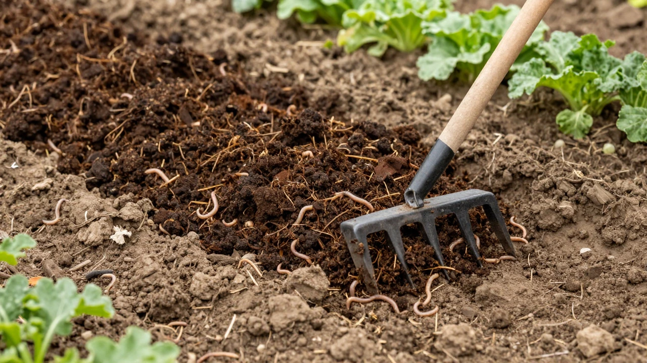 Spreading compost and manure over loosened garden soil