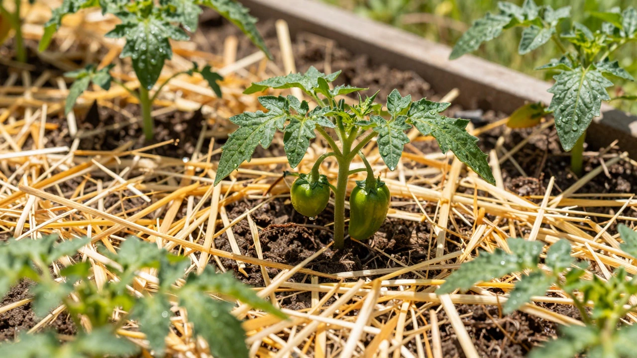 Straw mulch covering soil in a raised bed to retain moisture for tomato plants