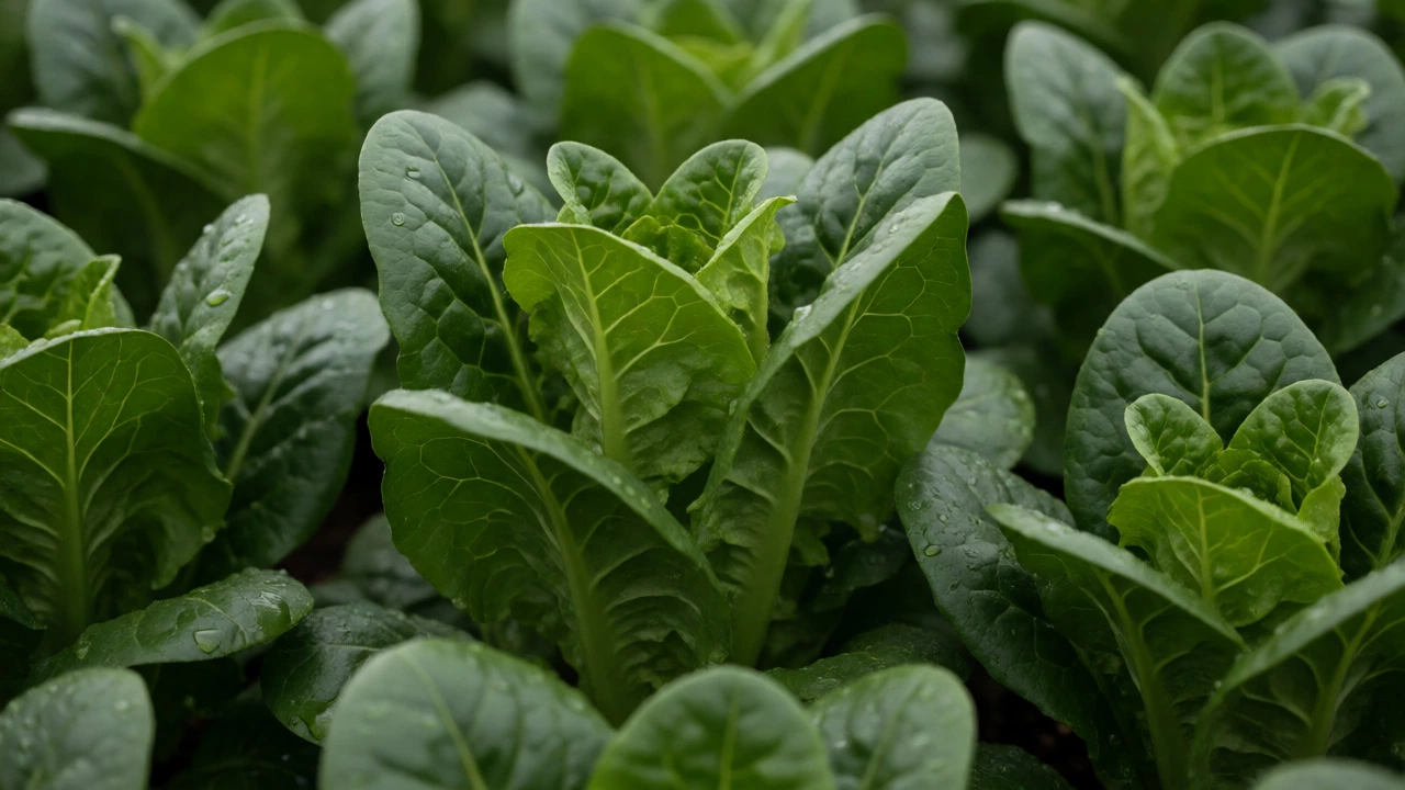 Close-up of dark green Batavian lettuce leaves with water droplets