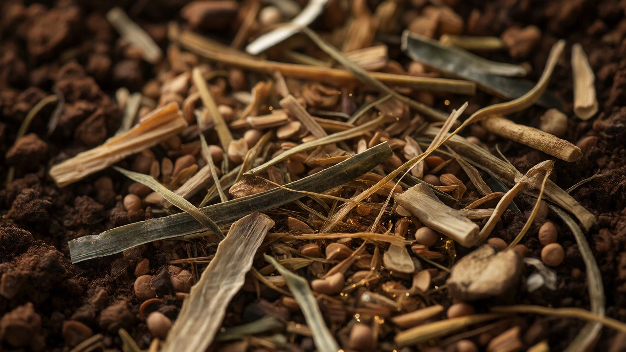 Close-up of organic fertilizer ingredients like fish meal and kelp on dark soil.