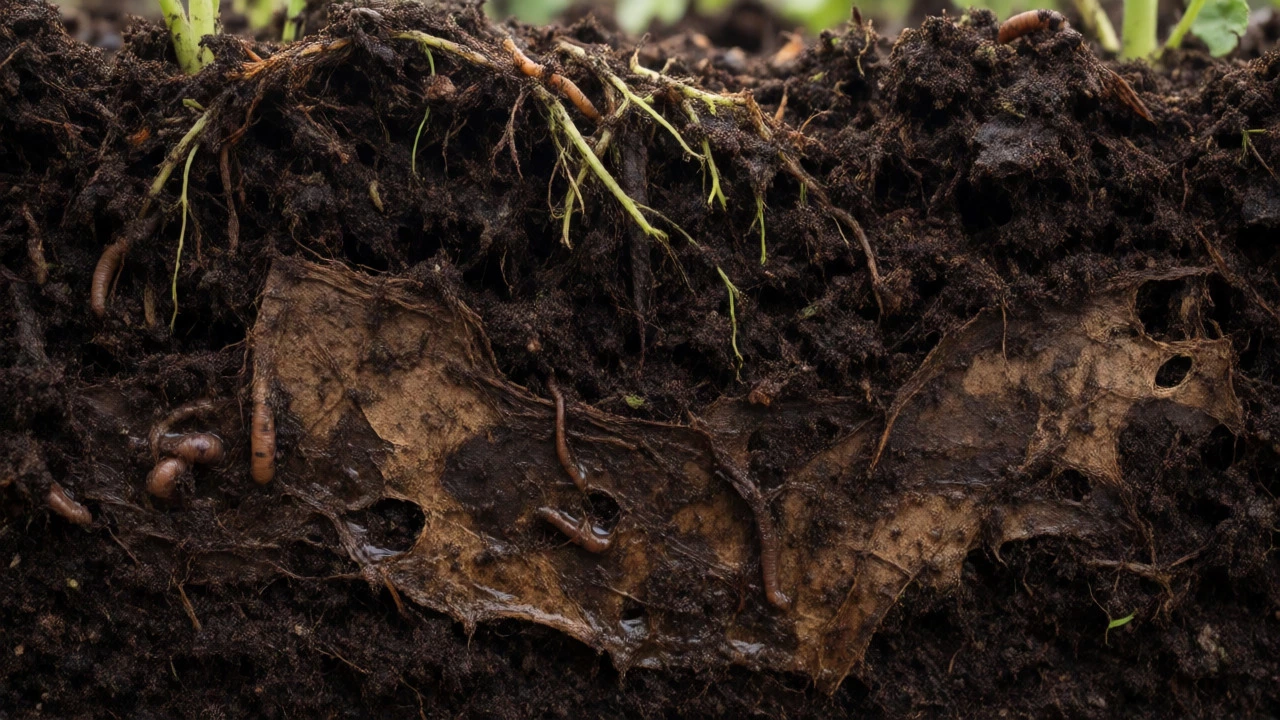 Cross-section of raised bed soil showing earthworms moving through decomposing wet cardboard layers.