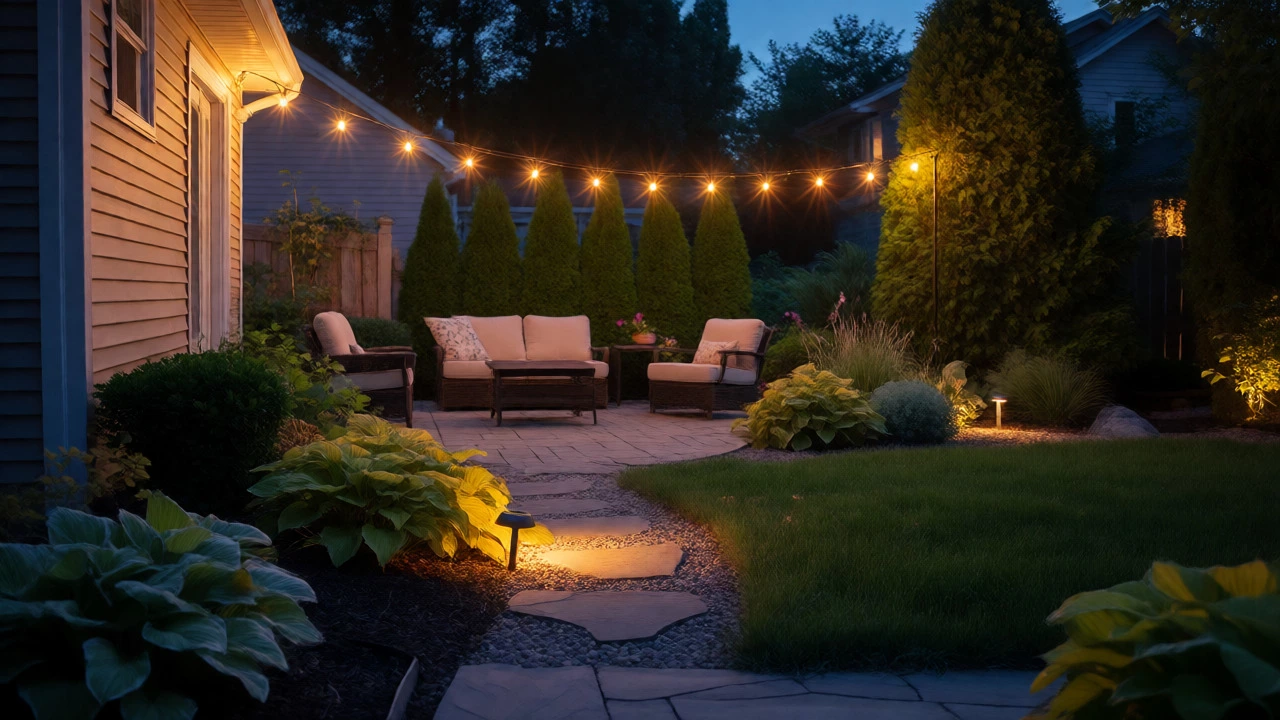 Evening view of cozy lit patio with string lights and layered plants