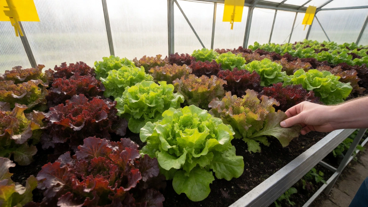 Gardener harvesting mixed lettuce varieties from greenhouse benches