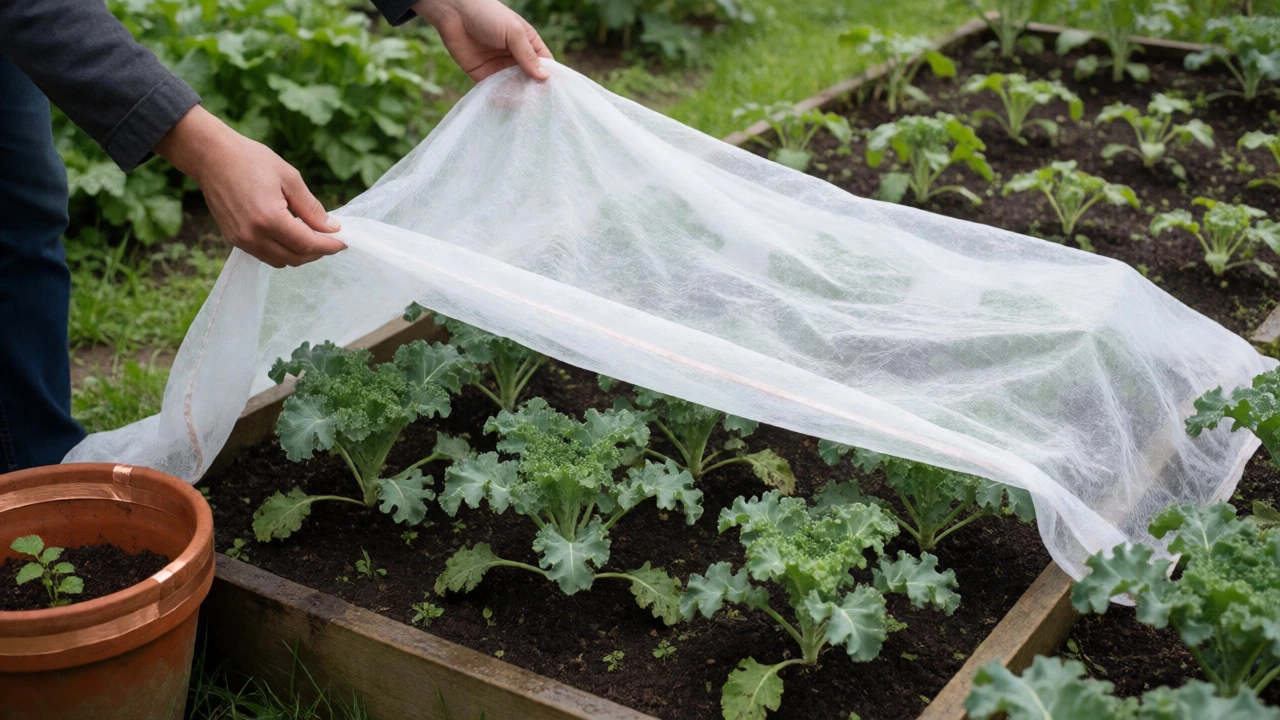 Gardener placing protective fleece over kale plants to block pests.