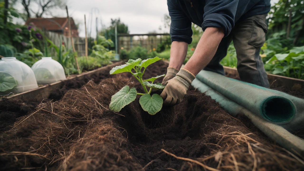 Gardener transplanting a cucumber seedling into a raised bed outdoors