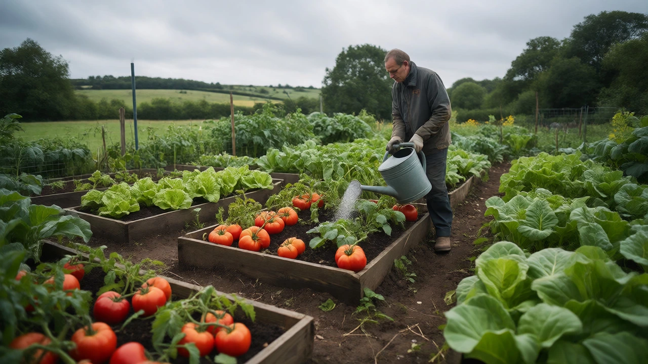Gardener watering tomato plants in raised beds under soft UK daylight.