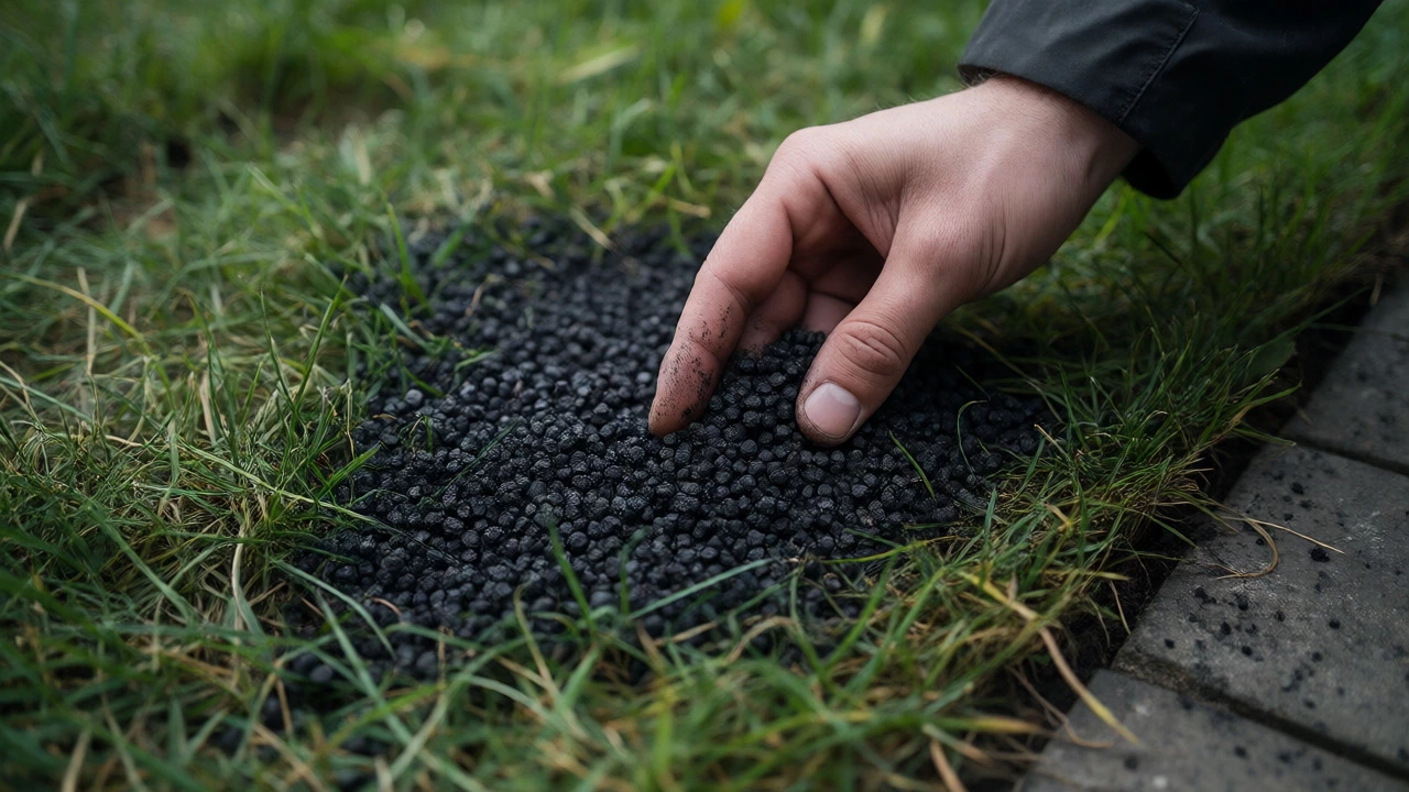 Hand applying iron sulphate granules to a lawn under overcast skies.