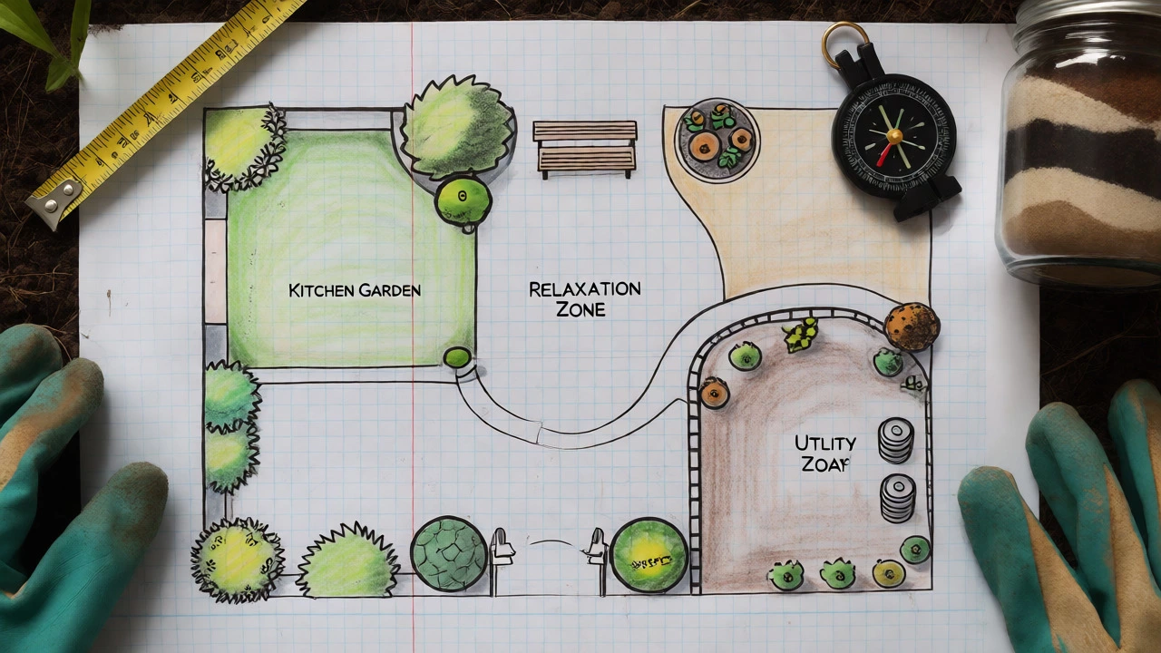 Hand-drawn garden plan on graph paper with soil sample jar and tools