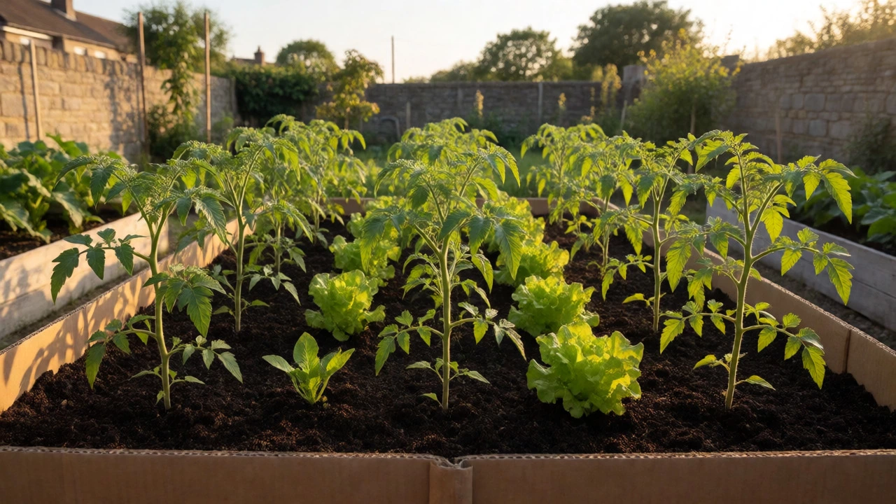 Healthy vegetables growing in a raised bed with integrated cardboard base in a sunny garden.