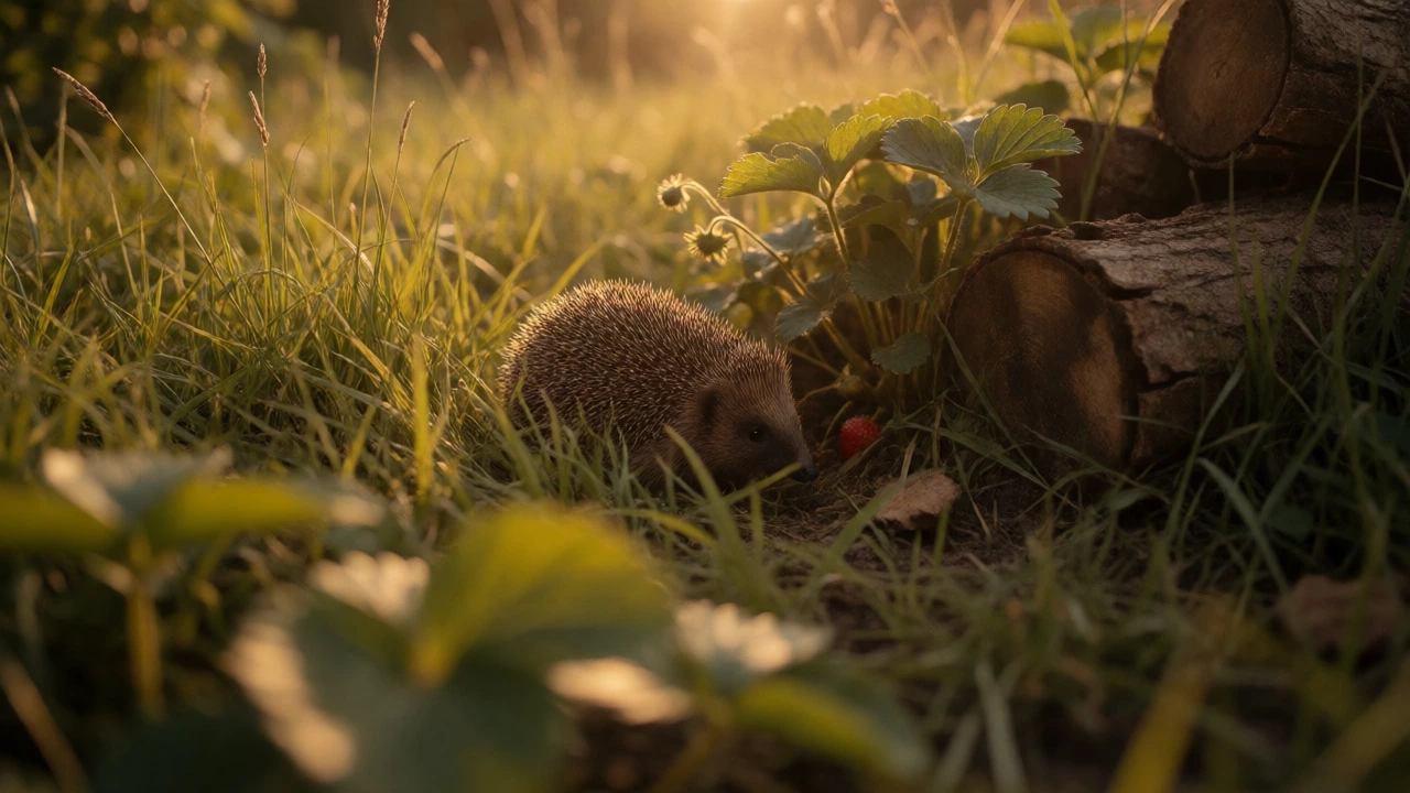 Hedgehog foraging among strawberries and logs in a balanced garden ecosystem.