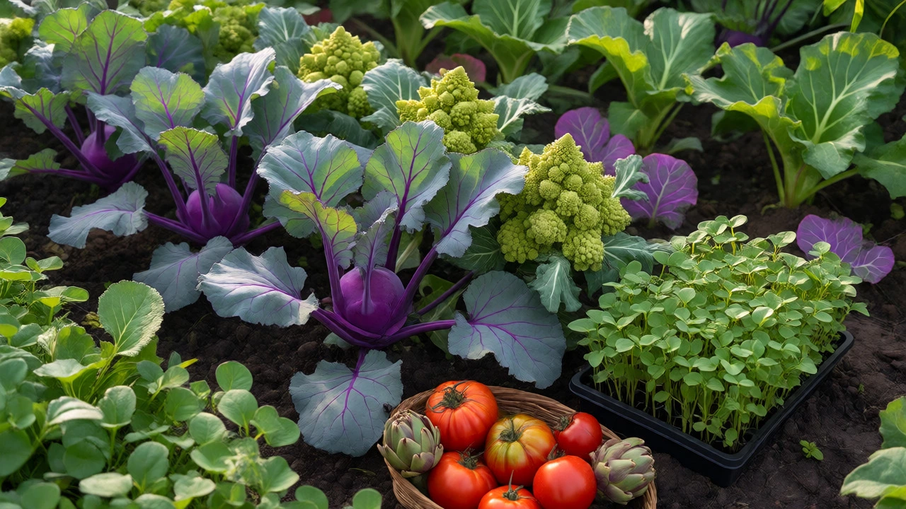 Home garden with kohlrabi, Romanesco broccoli, microgreens, and tomatoes.