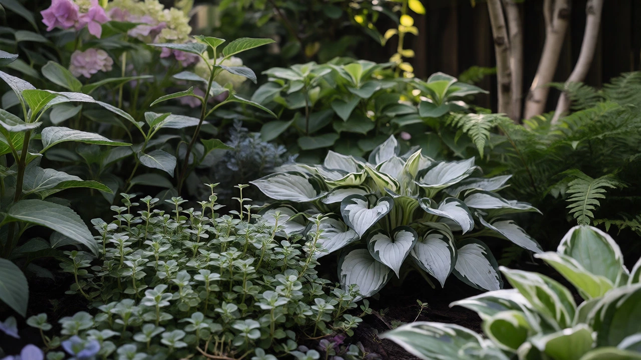 Layered planting scheme with ground cover, shrubs, and trees in shade