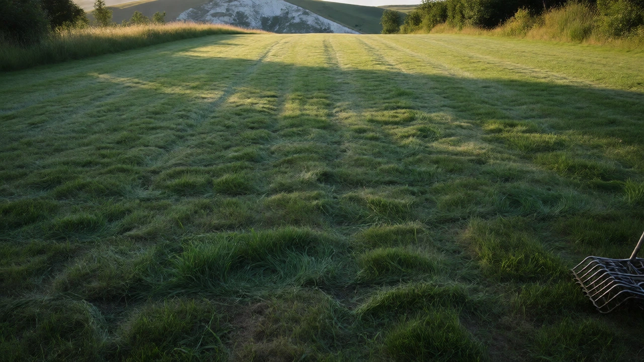Long-cut dark green fescue lawn with aerator tool near chalky hills.