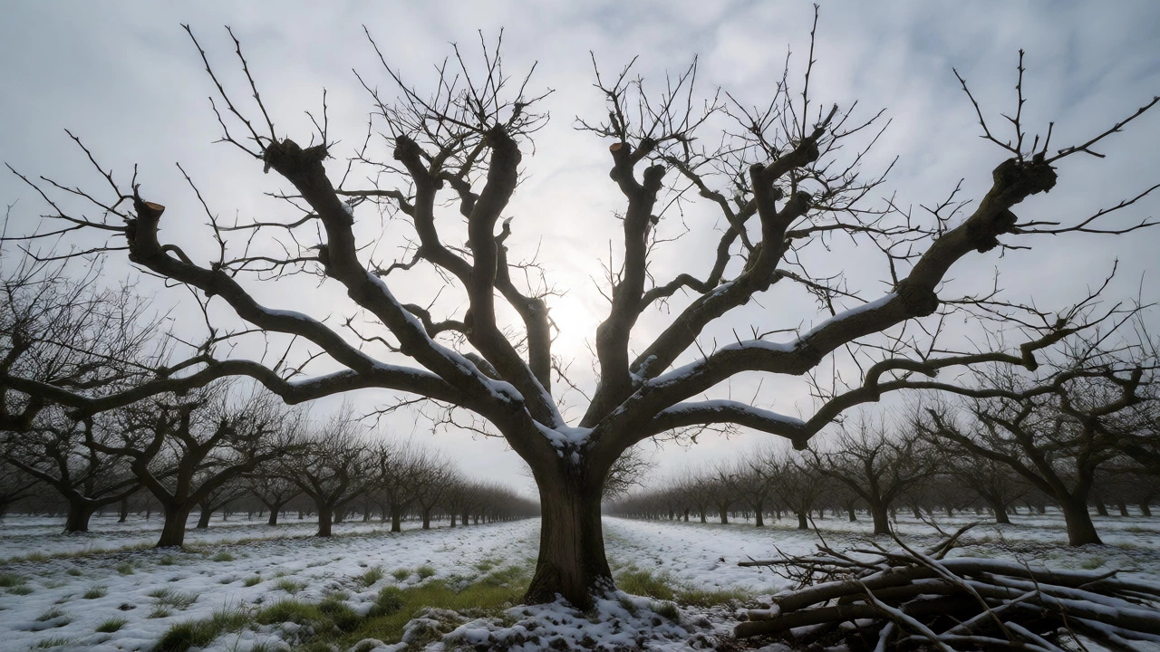 Pruned apple tree with open canopy structure in winter