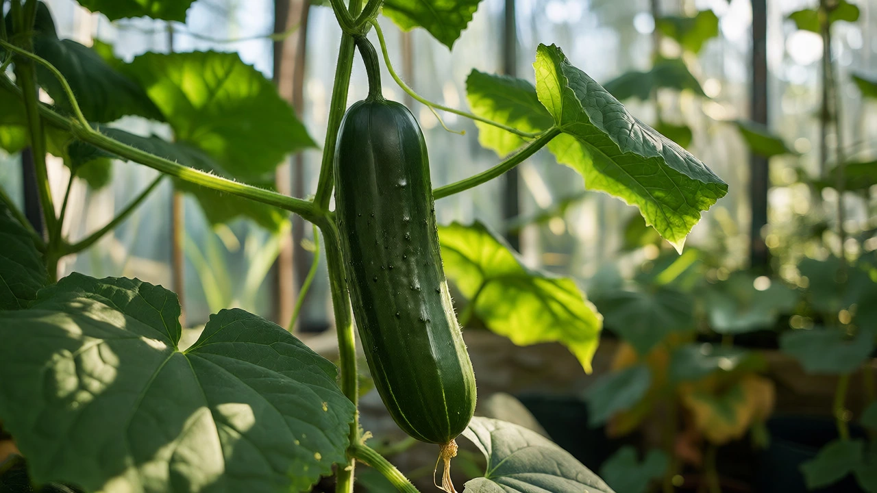 Ripe green cucumber hanging from a vine in a sunlit garden