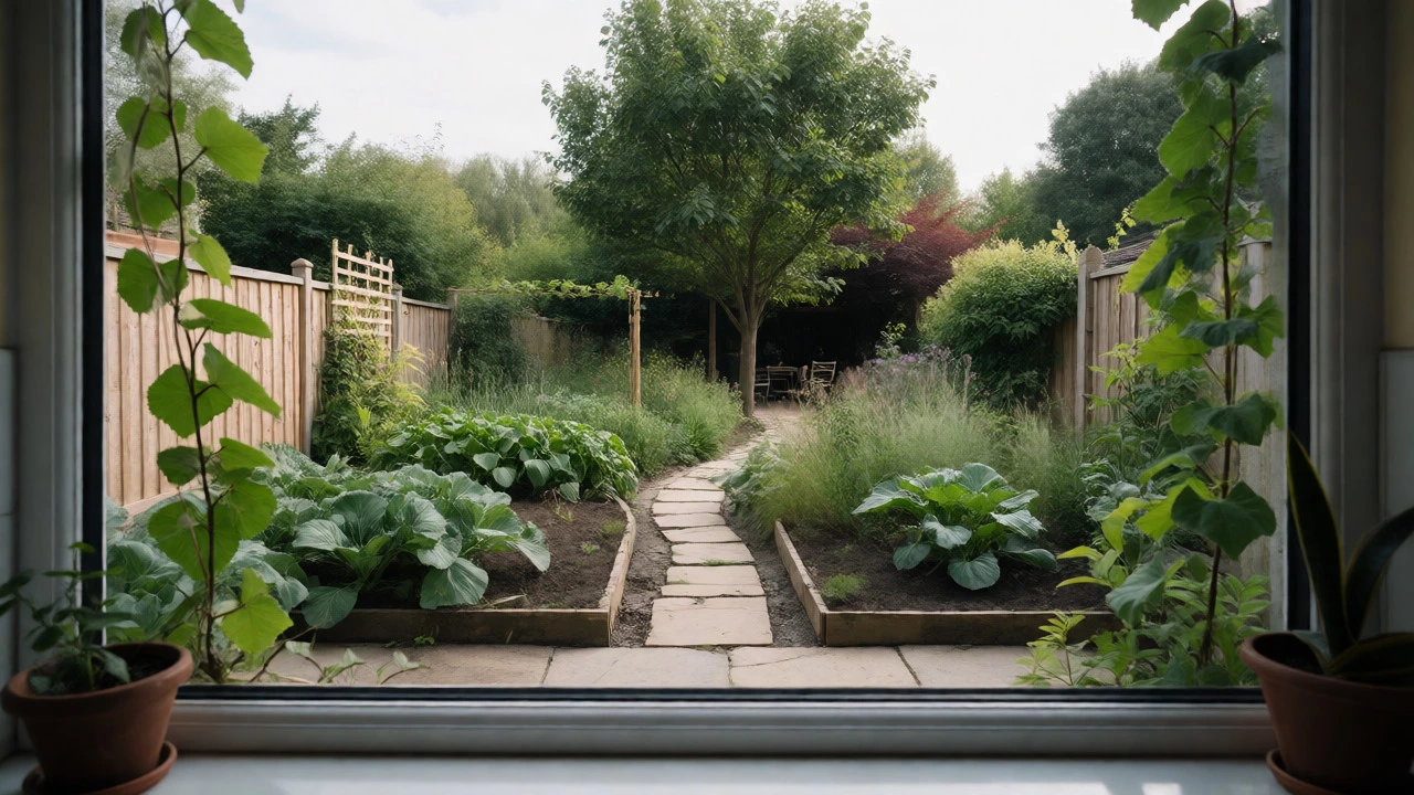 View of zoned UK garden with veg beds, paths, and seating area