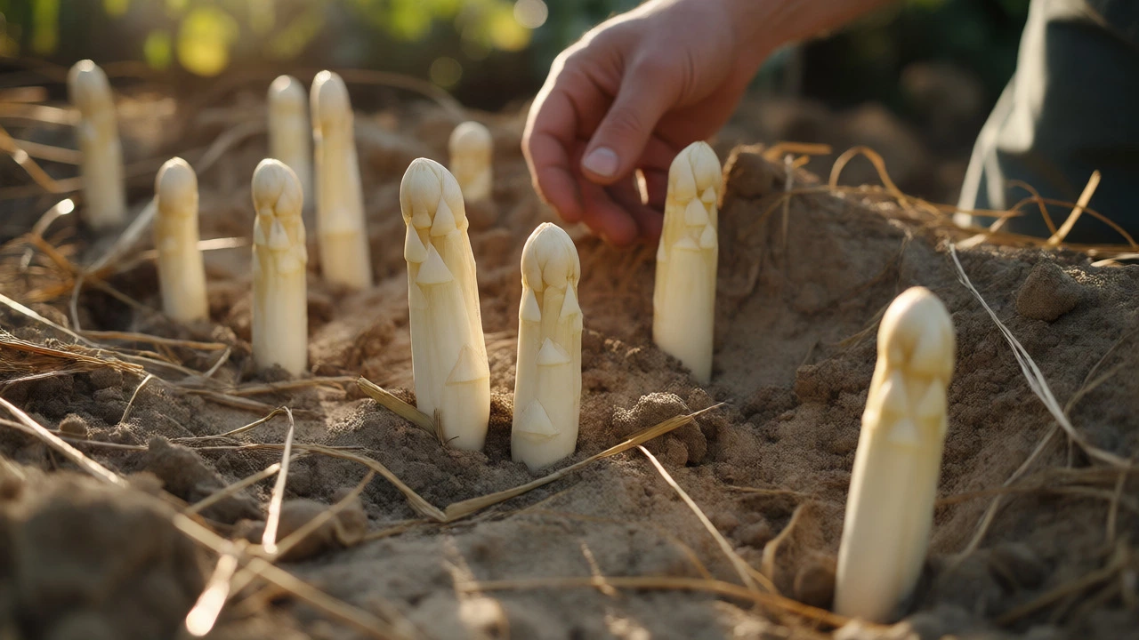 White asparagus spears being harvested from mounded soil in a garden.