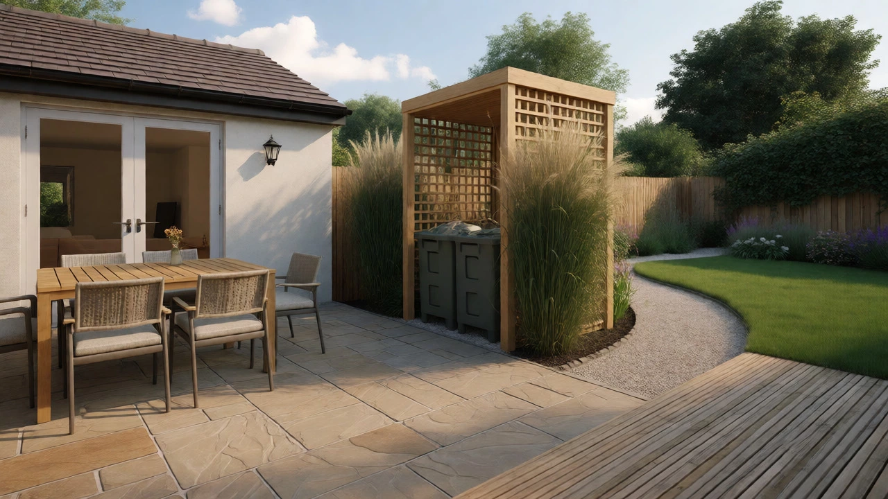 Zoned garden design with living, utility, and green areas connected by paths