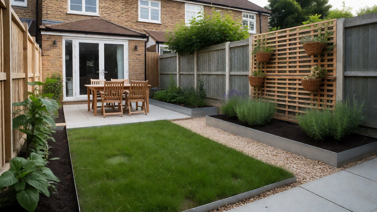 Zoned garden with vertical storage, metal edging, and clear pathways