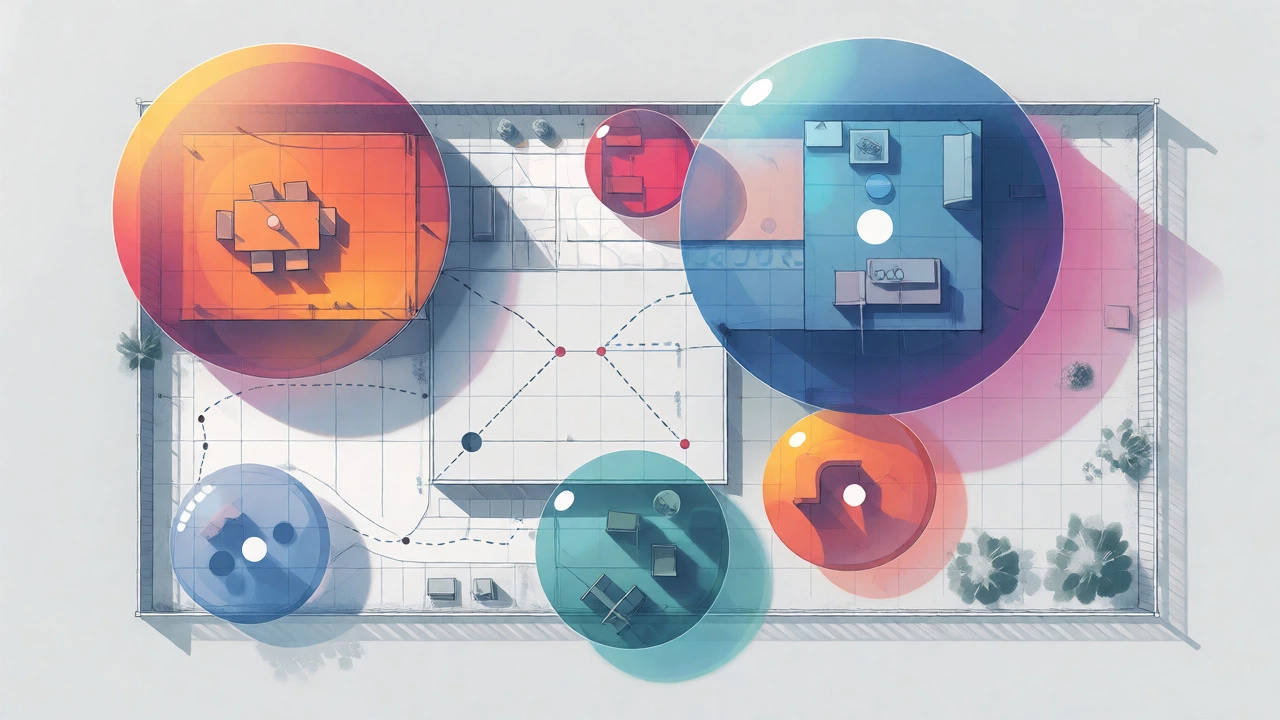 Abstract bubble diagram illustrating functional zones and traffic flow in a yard layout