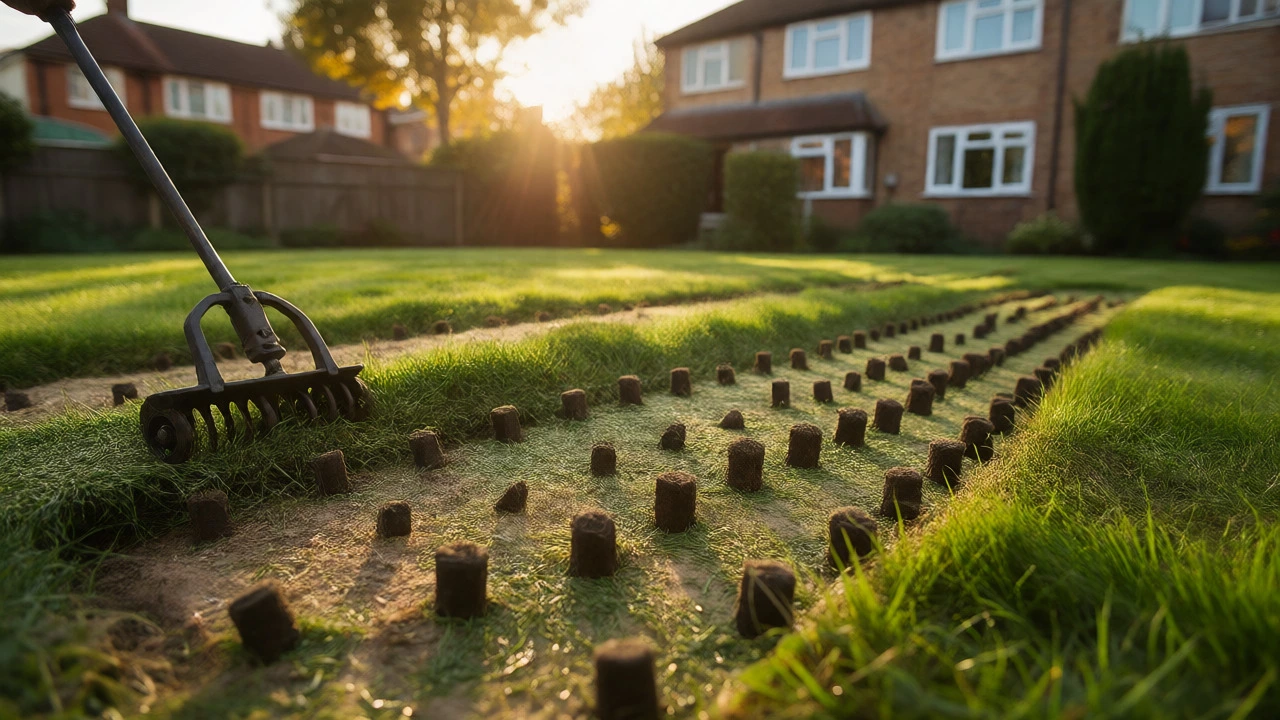 Aerating a lawn and scattering seed in autumn sunlight