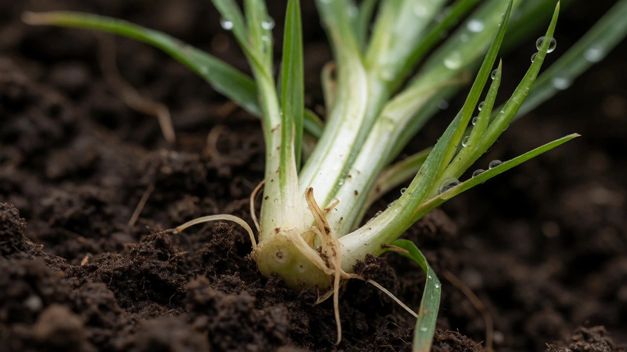 Close-up of grass crown showing healthy roots in soil