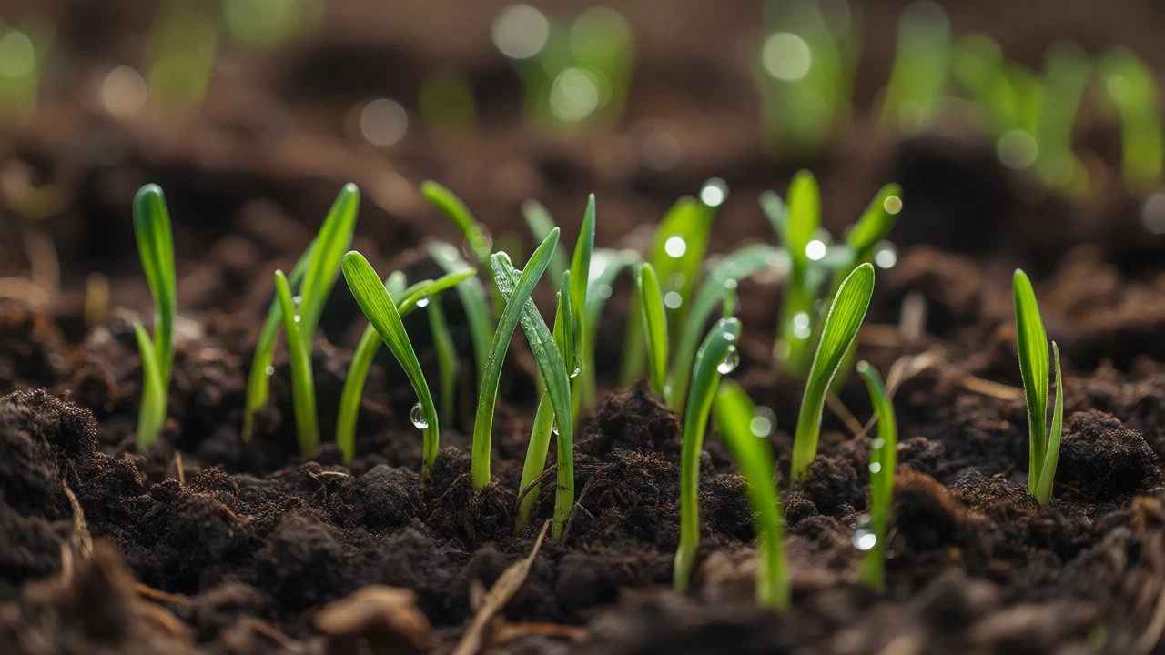 Close-up of young grass shoots emerging from moist soil