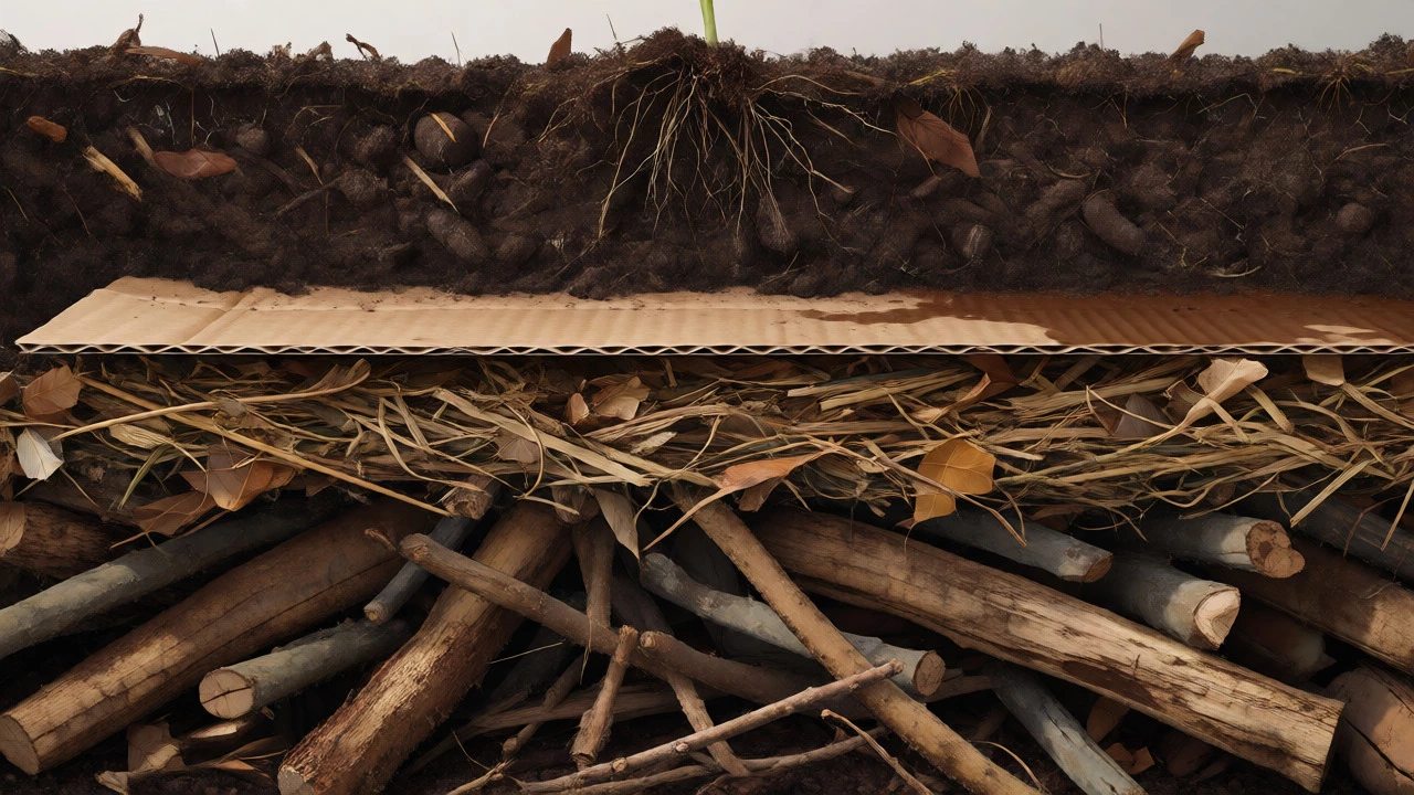 Cross-section view of a raised bed showing layers of wood, leaves, cardboard, and soil.