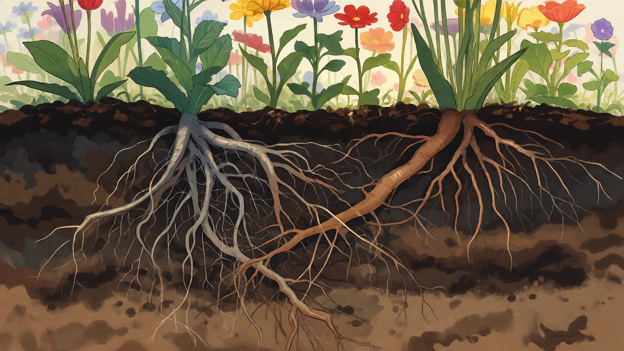 Cross-section view of intertwined flower root systems in soil