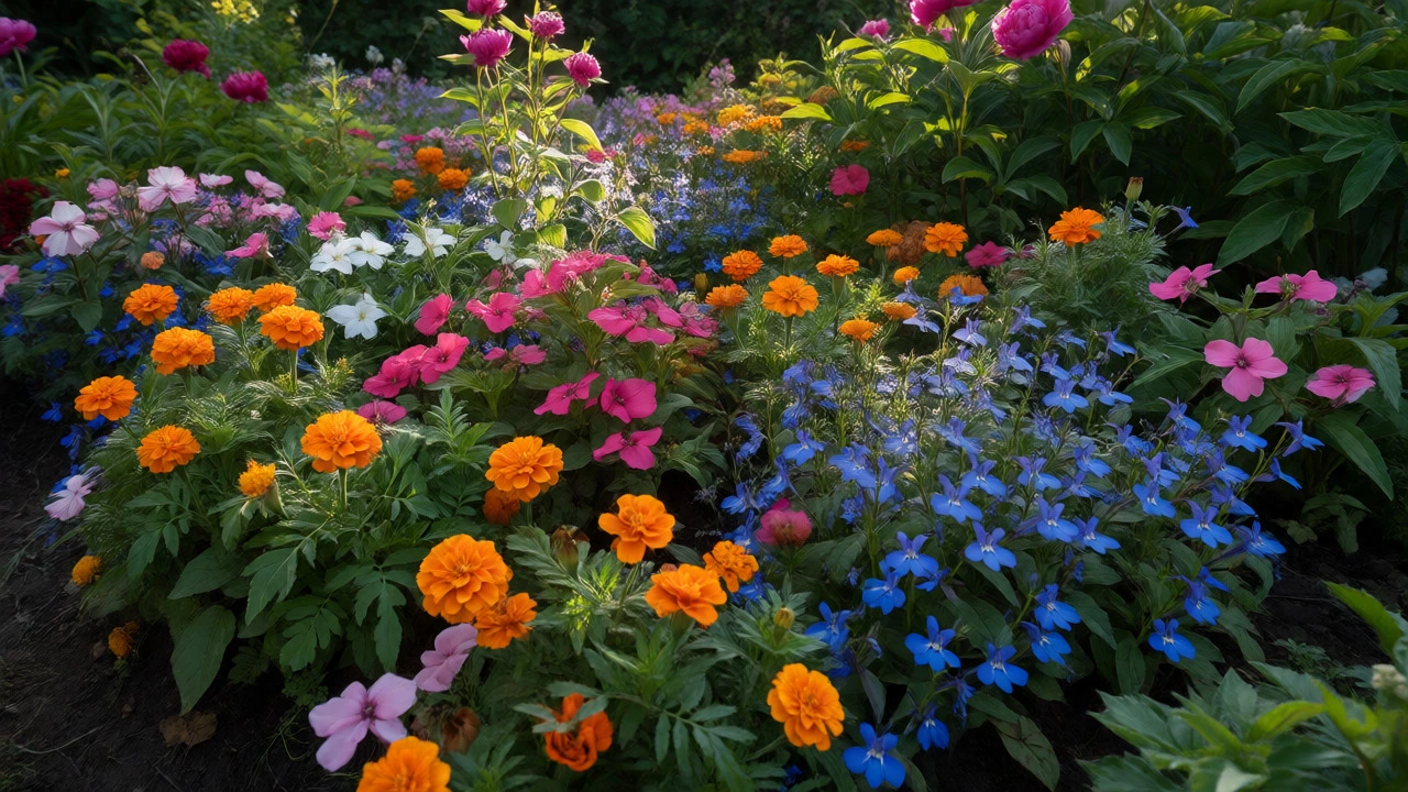 Dense flower border with marigolds and lobelia in full bloom
