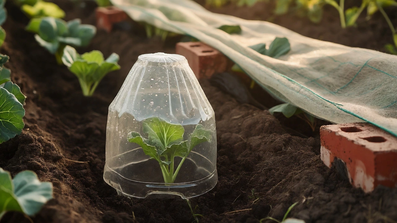 DIY plastic bottle cloche and fleece covering vegetable seedlings