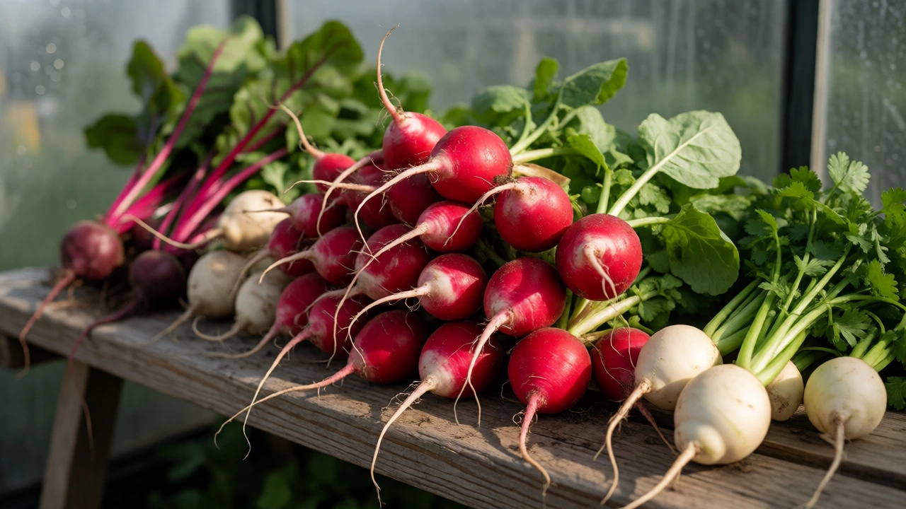 Freshly harvested radishes, turnips, and herbs displayed on a wooden greenhouse bench.