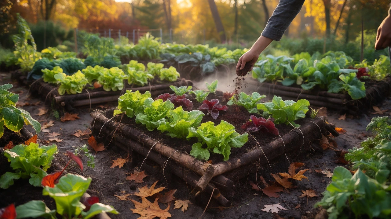 Gardener adding mulch to lush vegetable plants growing in a hugelkultur raised bed.