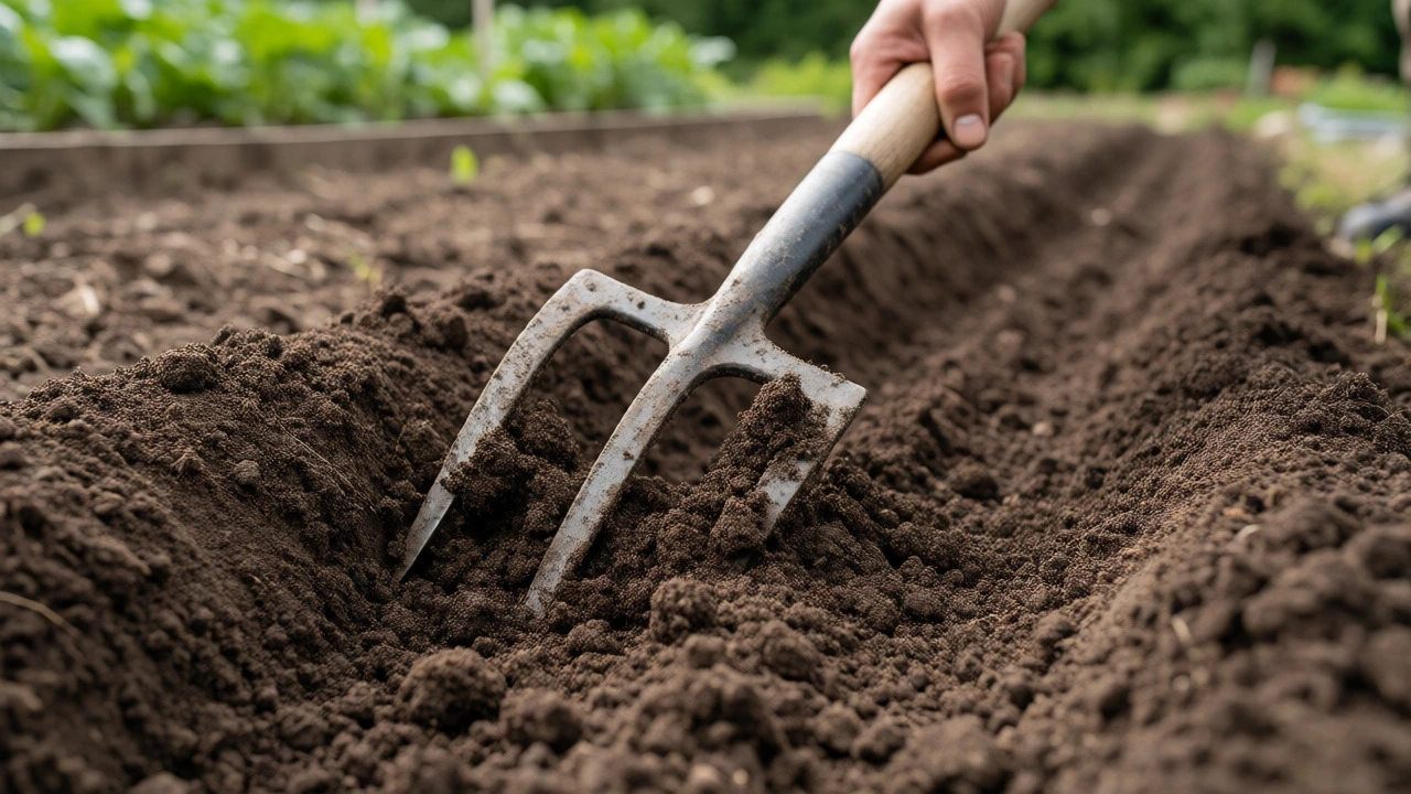Gardener using a digging fork to aerate and loosen compacted garden soil.