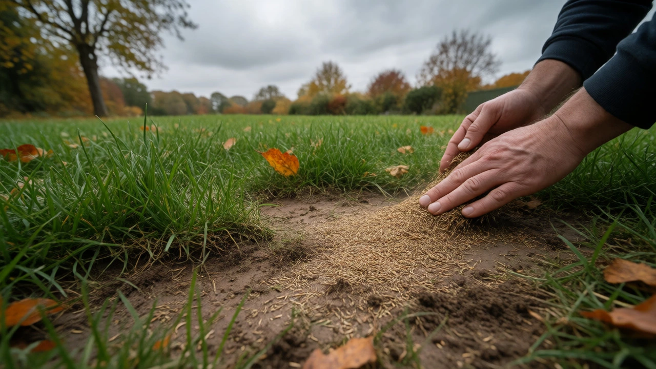Hands overseeding bare patches in autumn garden