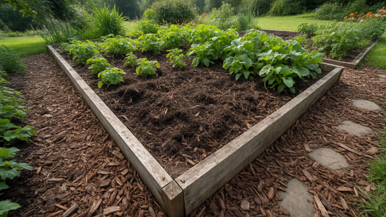 Healthy raised garden bed with mulched paths preventing soil compaction.
