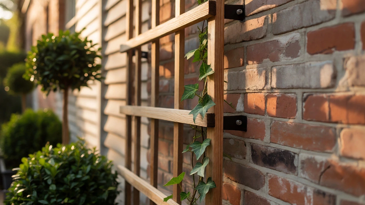 Ivy growing on a spaced trellis against a brick wall to allow airflow.