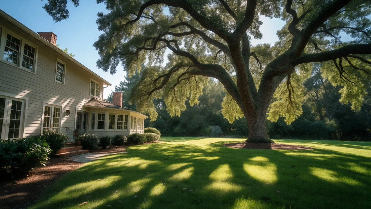 Large oak tree planted at a safe distance from the house to protect foundations.