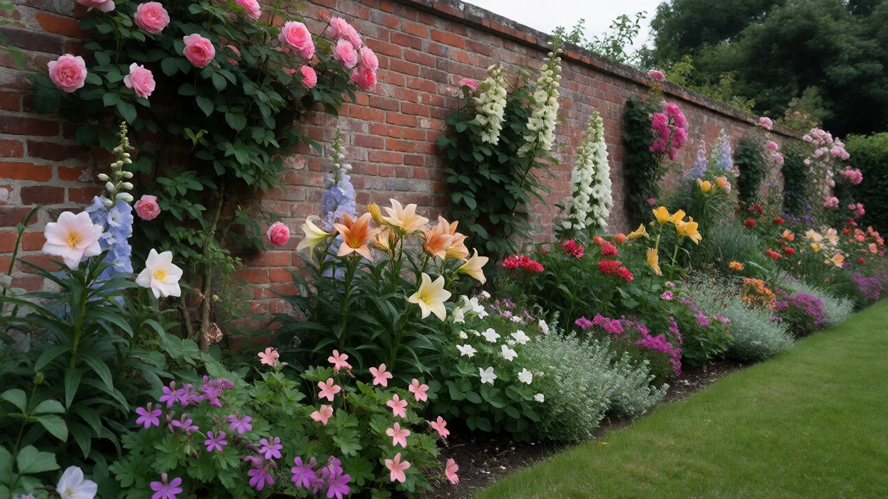 Layered flower border with tall climbers against a brick wall