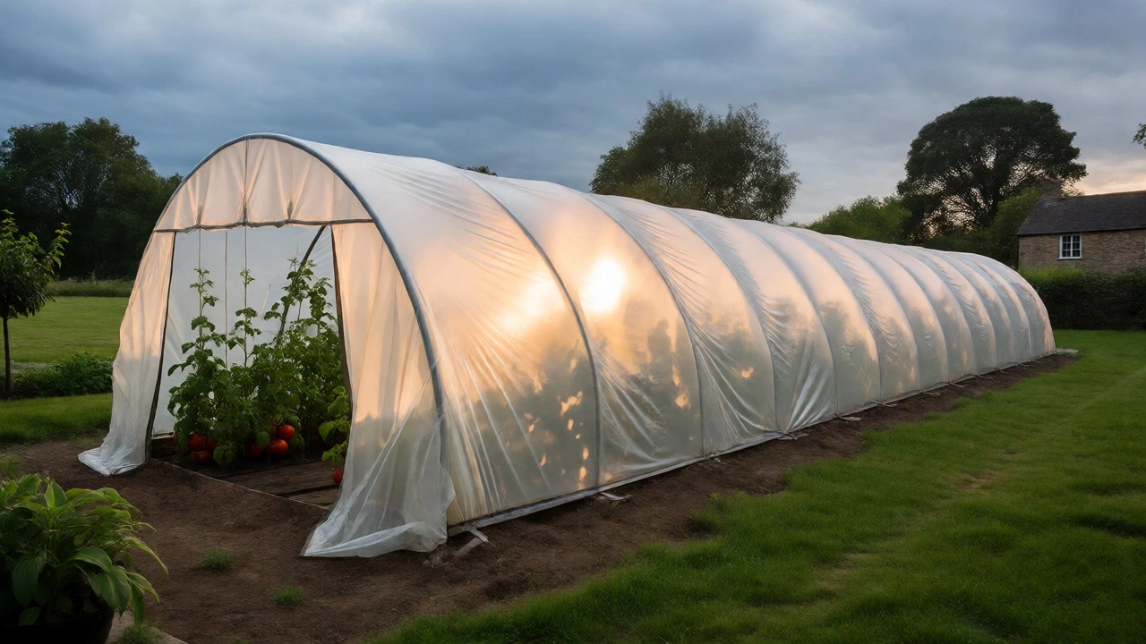Long plastic polytunnel housing tomatoes in a rural English garden