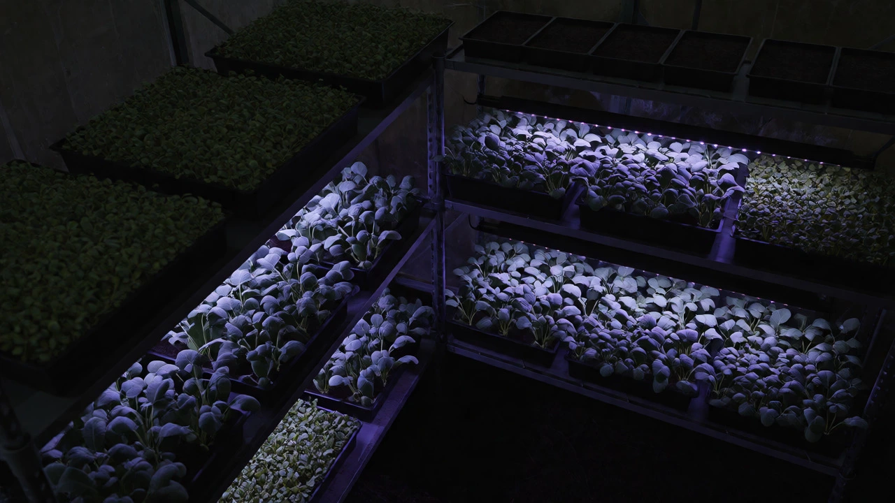 Microgreen trays under LED grow lights inside a dimly lit winter greenhouse.