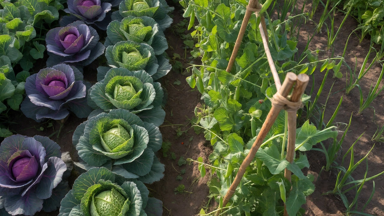 Overhead view of a diverse vegetable patch with cabbages, peas, and onions.