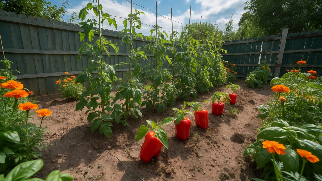 Strategic garden layout with trellised tomatoes, peppers, and companion marigolds.