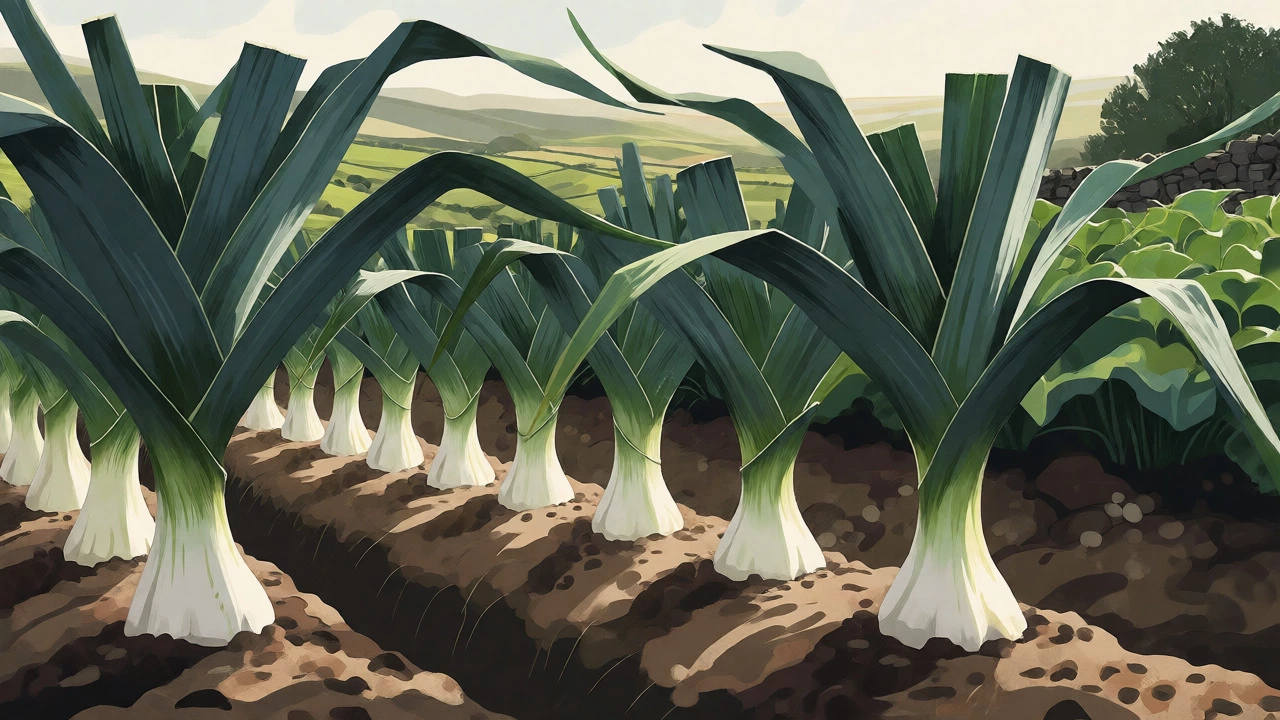 Tall leeks growing in a trench with mounded soil against a Welsh hillside backdrop.