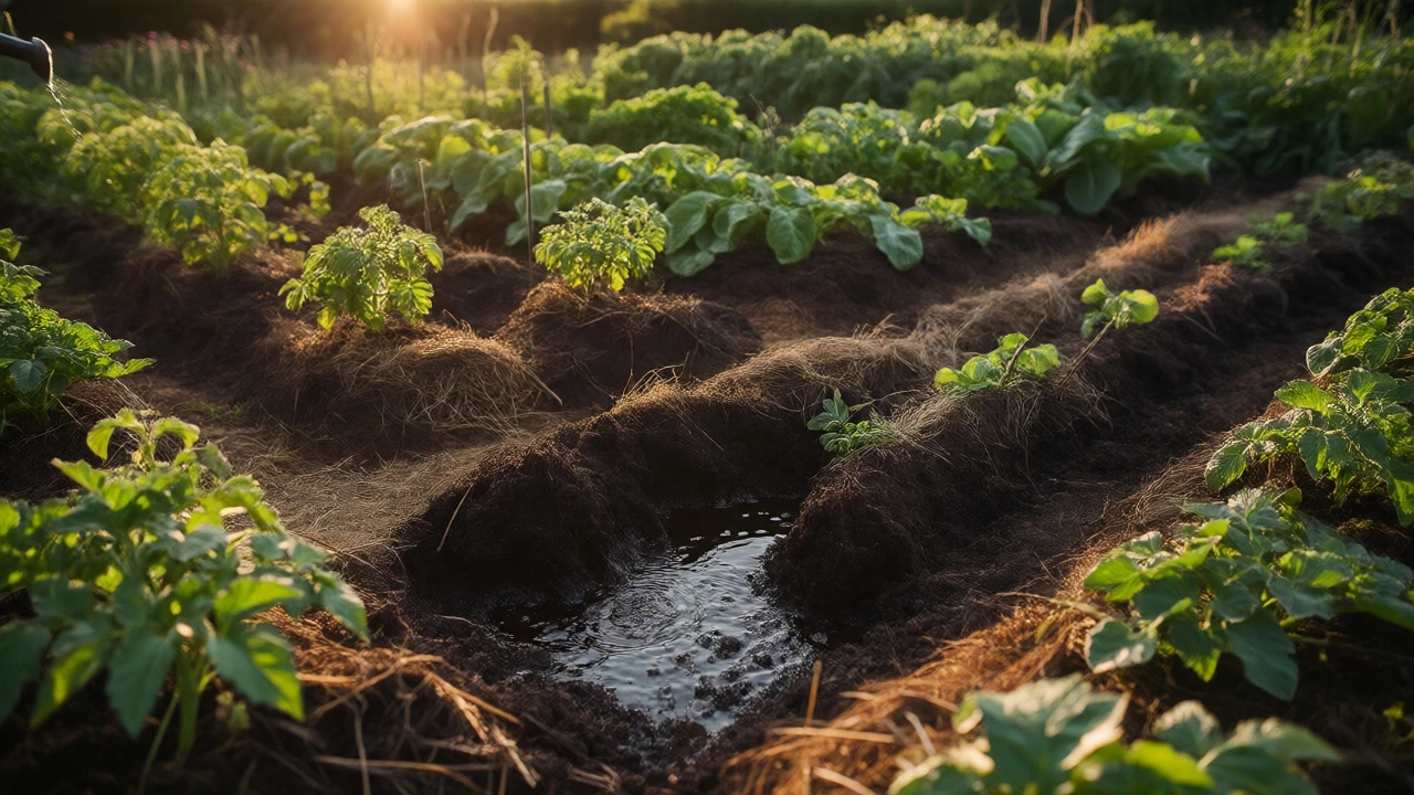Thriving no-dig vegetable garden with lush plants and mulched beds