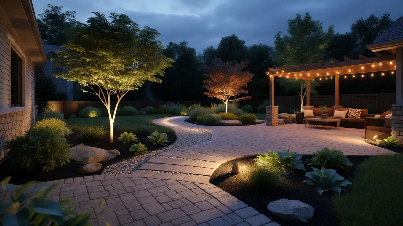 Twilight view of a finished landscape with lit patios, paths, and layered plantings