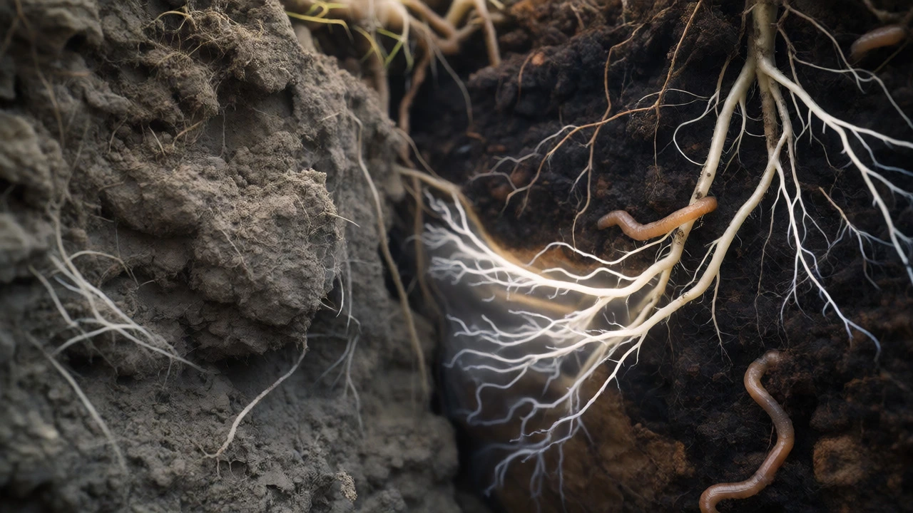 Underground view of fungal networks connecting plant roots in healthy soil